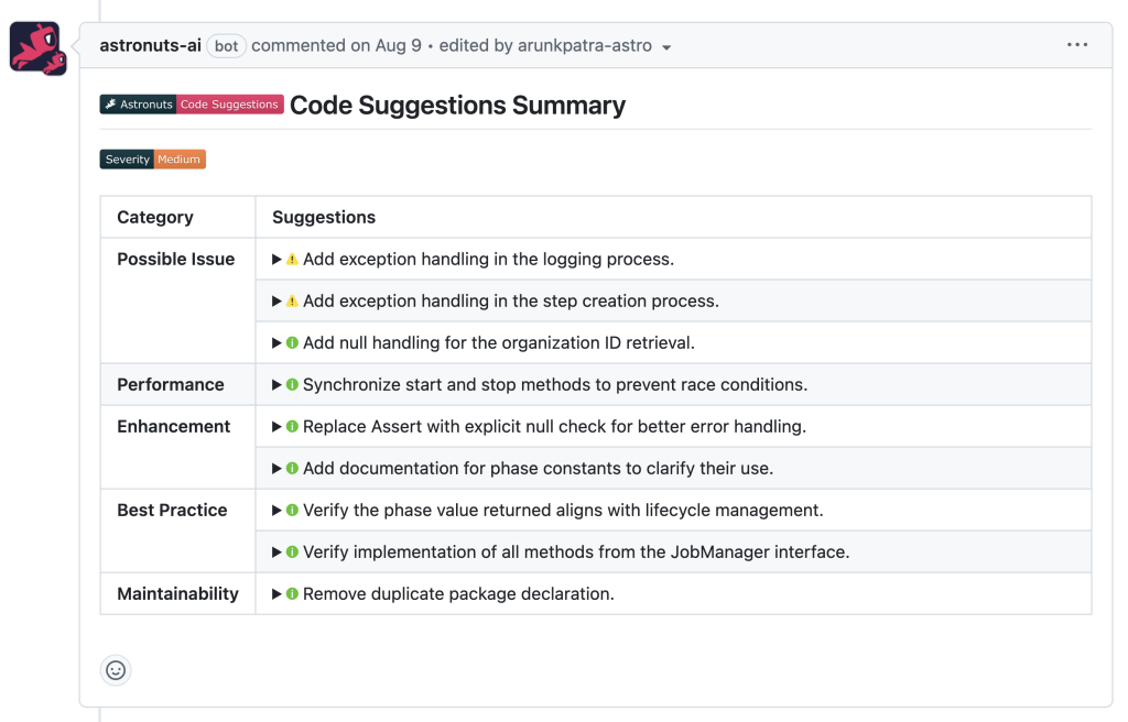 PR review suggestions showing as a GitHub PR comment